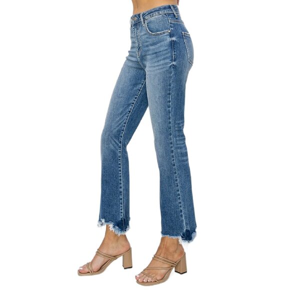 Risen Crop Flare Non Distressed Jeans With Detailed Hem - Picture 4 of 5